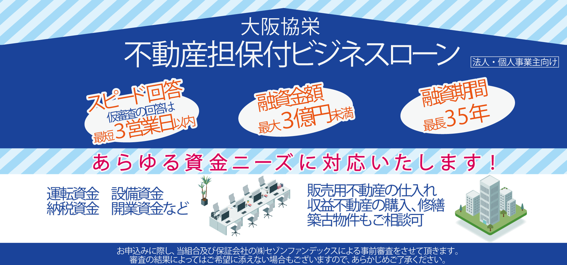 大阪協栄不動産担保付ビジネスローン　スピード回答　仮審査の回答は最短三営業日以内　融資金額最大三億円　融資期間最長三十五年　あらゆる資金ニーズに対応いたします　運転資金　設備資金　納税資金　開業資金　販売用不動産の仕入　収益不動産の購入、修繕　築古物件もご相談可　お申込に際し、当組合及び保証会社の株式会社セゾンファンデックスによる事前審査をさせていただきます。審査の結果によってはご希望に添えない場合もございますので、あらかじめご了承ください。